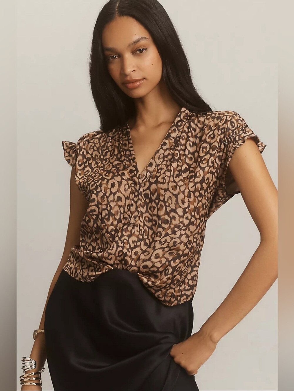 Anthropologie Leopard Print V-Neck  Flutter-Sleeve Blouse Size 1X